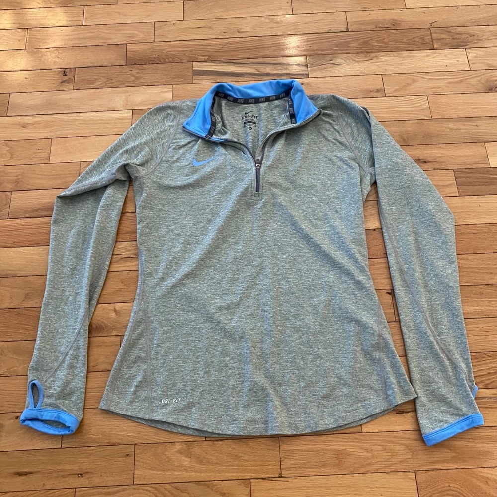 Nike Womens Dri-FIT Quarter Zip Pullover Gray Blue Thumbholes Size M Activewear